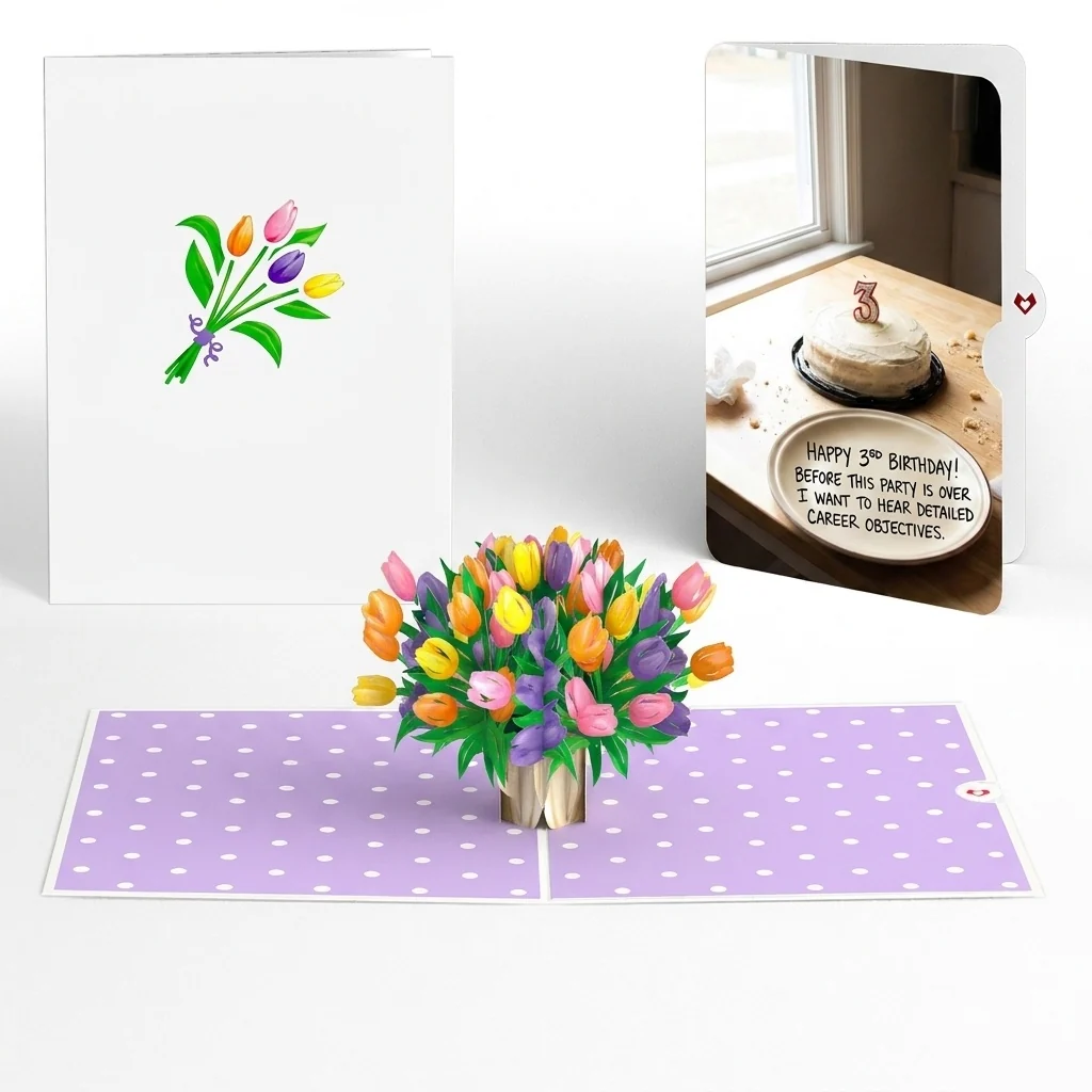 Lovepop Timeless Tulips 3rd Birthday Pop-Up Card and Cake Career Objectives Sentiment Set Vase