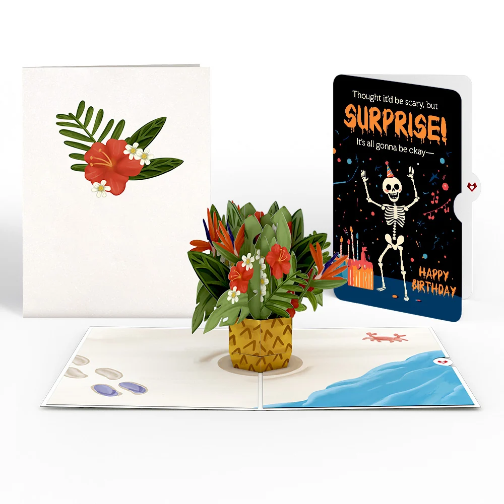 Lovepop Tropical Flower Basket Birthday Pop-Up Card and Surprise Skeleton Sentiment Set
