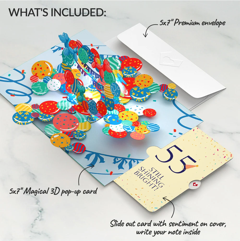 Lovepop Happy 55th Birthday Balloons Music and Lights Pop-Up Card and Party Hat Sentiment Set - Image 2