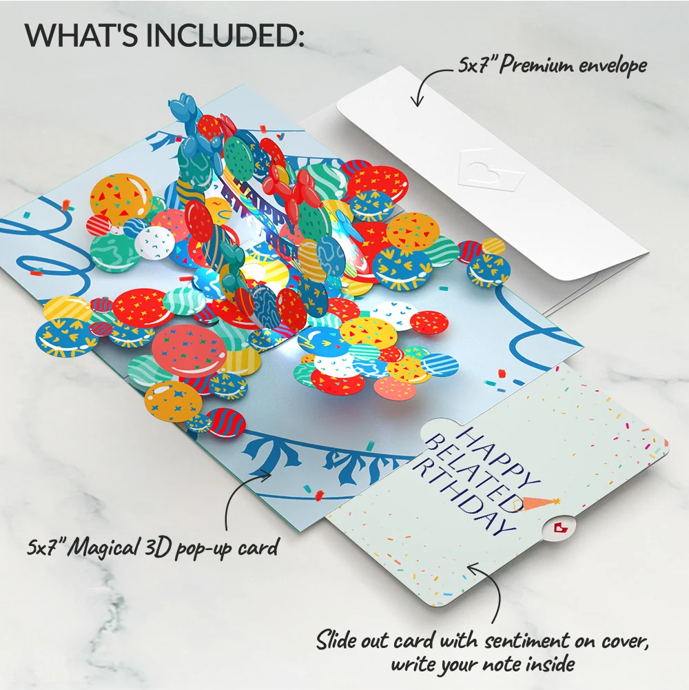Lovepop Happy Belated Birthday Balloons Music and Lights Pop-Up Card and Sentiment Set - Image 2
