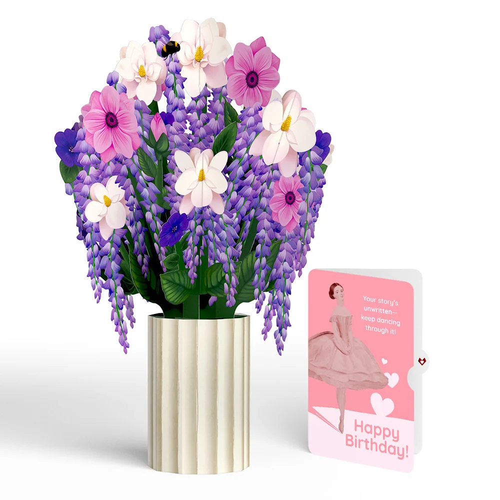 Lovepop Wisteria Birthday Bouquet and Dancing Through Life Sentiment Set Vase