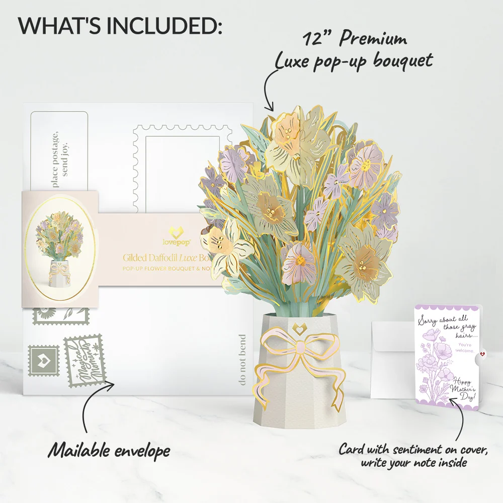 Lovepop Gilded Daffodil Mother’s Day Luxe Bouquet and Vintage Lavender Floral Sentiment Set for Mom Vase - Image 2