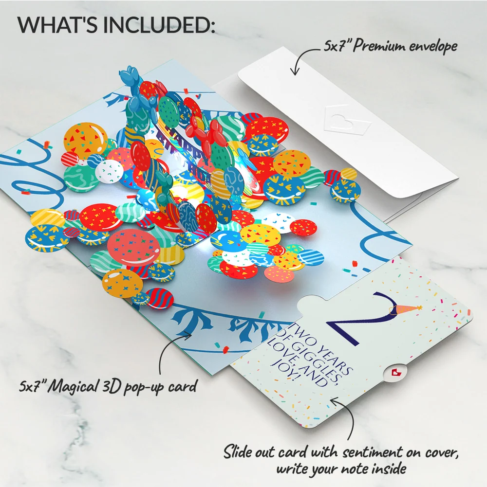 Lovepop Happy 2nd Birthday Balloons Music and Lights Pop-Up Card and Party Hat Sentiment Set - Image 2