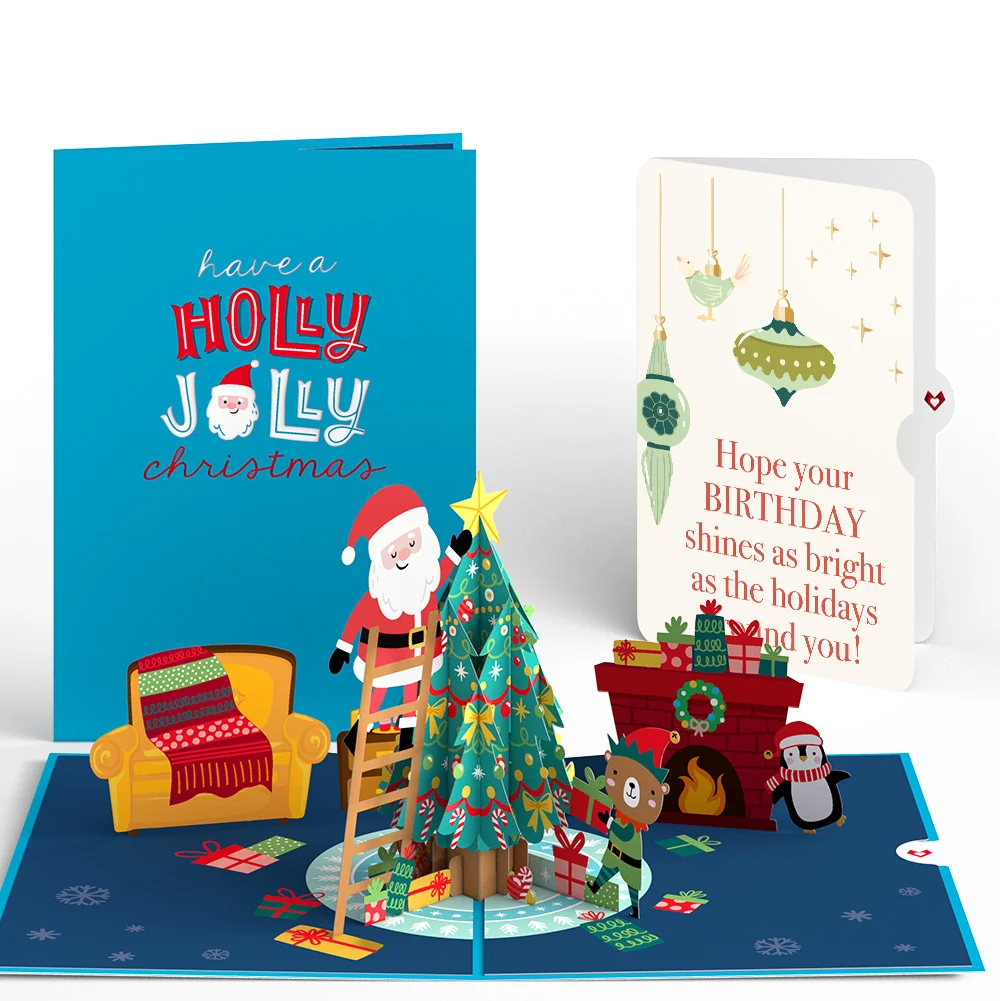 Lovepop Santa Decorating a Christmas Tree Pop-Up Card and Twinkling Ornaments Birthday Sentiment Set