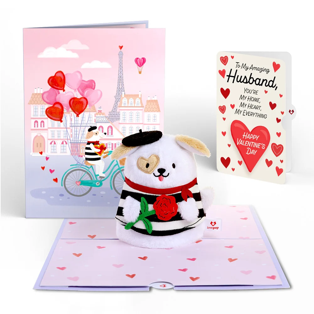 Lovepop French Love Dog Plushpop Card and Full of Hearts Valentine Sentiment Set for Husband Bicycle
