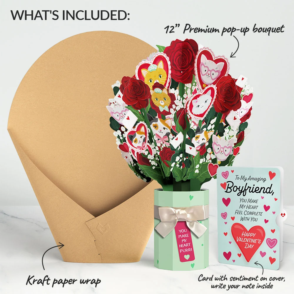 Lovepop You Make My Heart Purr Cat Valentine Bouquet and Sentiment Set for Boyfriend Vase - Image 2