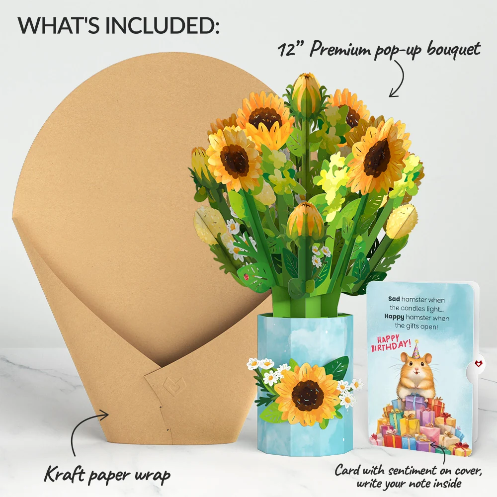 Lovepop Sunflower Blooms Birthday Bouquet and Happy Hamster Sentiment Set Vase - Image 2