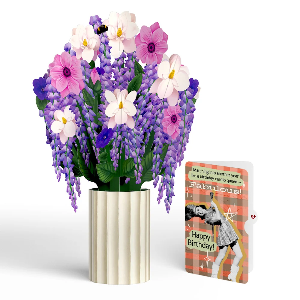 Lovepop Wisteria Birthday Bouquet and Cardio Queen Sentiment Set Cream