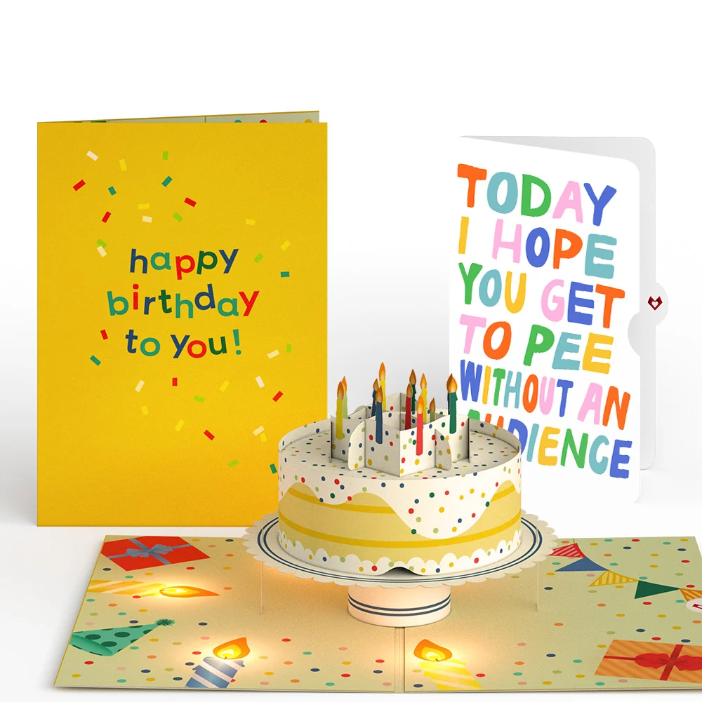 Lovepop Happy Birthday Confetti Cake Music and Lights Pop-Up Card and Parenthood Humor Sentiment Set Candle