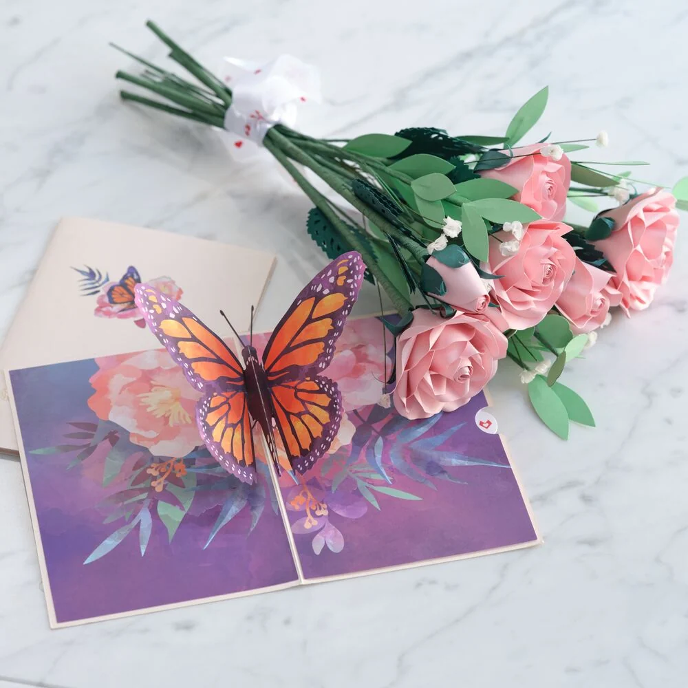 Lovepop Handcrafted Paper Flowers: Pink Roses (6 Stems) with Monarch Butterfly Pop-Up Card Vase