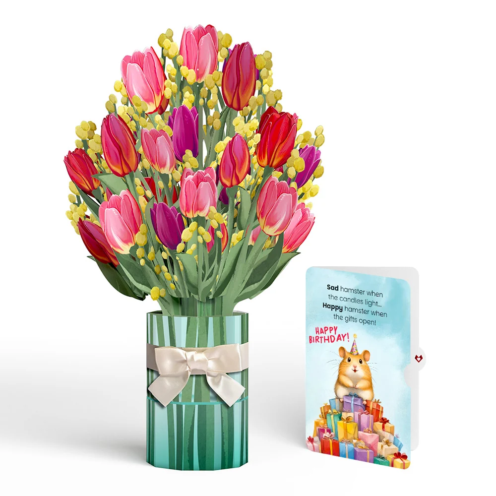 Lovepop Cheerful Tulips Birthday Bouquet and Happy Hamster Sentiment Set Vase