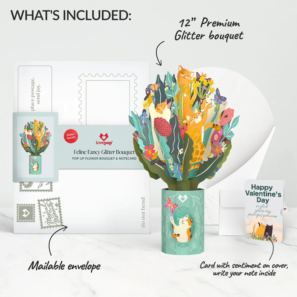 Lovepop Feline Fancy Valentine Glitter Bouquet and Sentiment Set Vase - Image 2