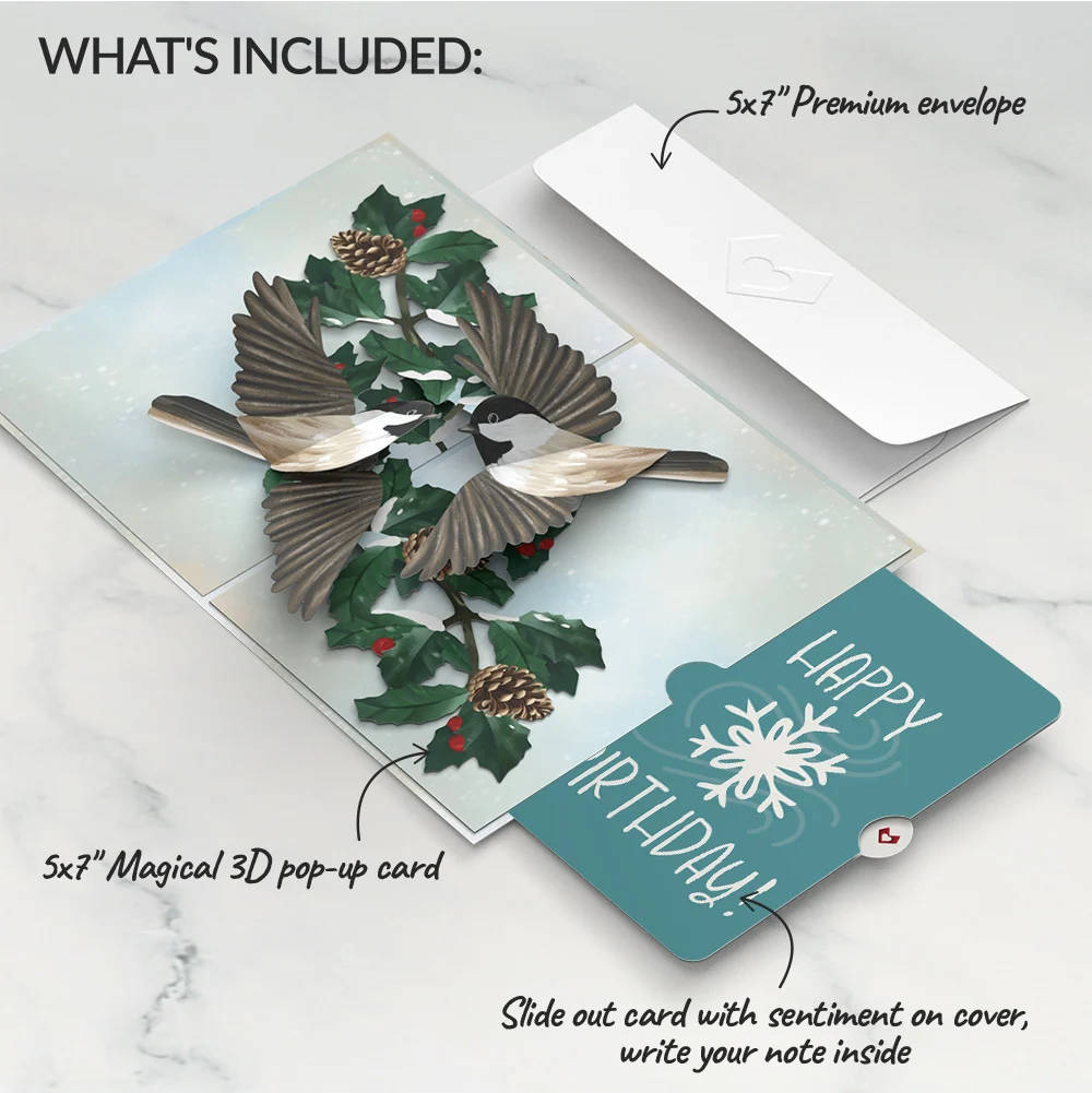 Lovepop Winter Chickadees Pop-Up Card and Snowflake Birthday Sentiment Set - Image 2