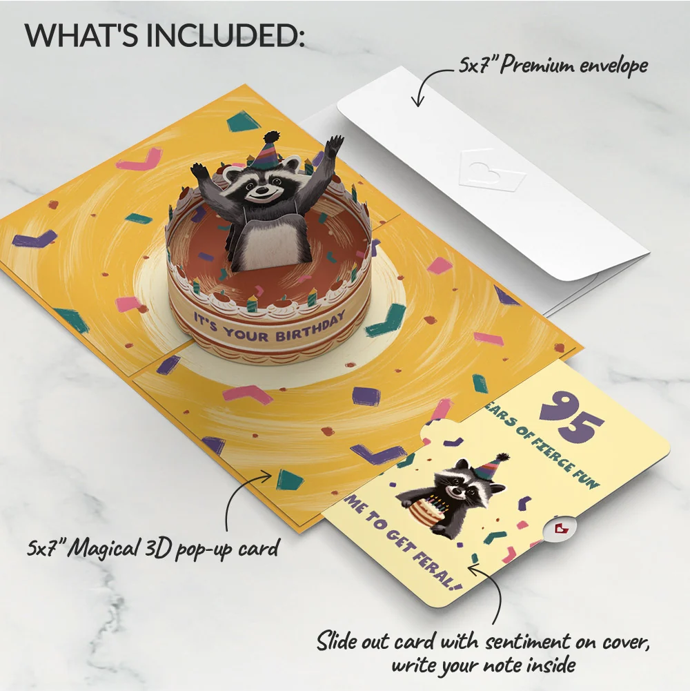 Lovepop Go Feral Raccoon 95th Birthday Pop-Up Card and Sentiment Set Candle - Image 2