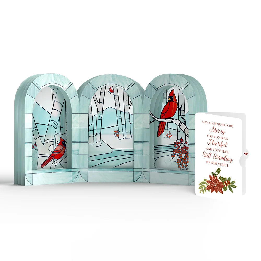 Lovepop Stained Glass Winter Cardinal Pop-Up Gift and Poinsettia Merry & Plentiful Christmas Sentiment Set