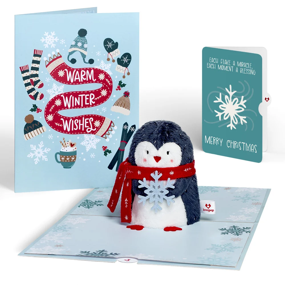 Lovepop 'Warm Winter Wishes' Holiday Penguin Plushpop Card and Snowflake Sentiment Set Cup