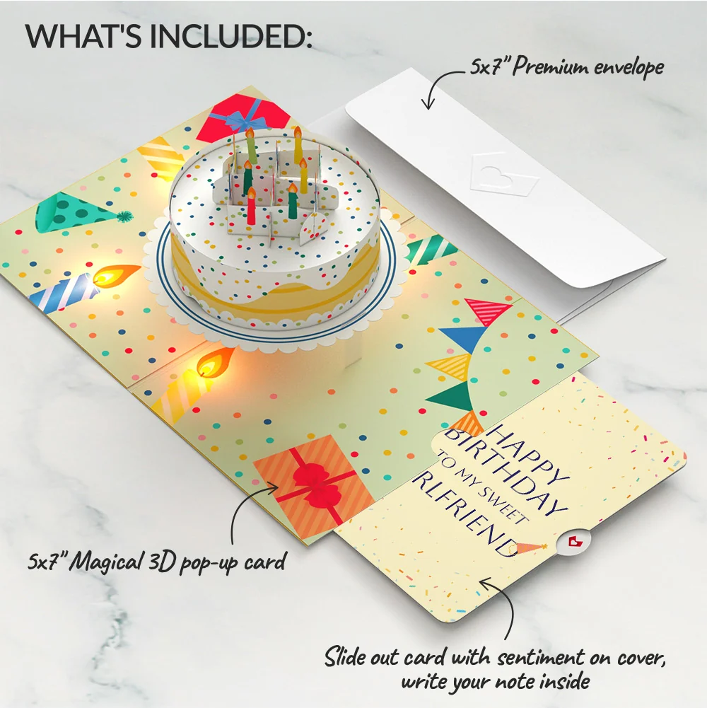 Lovepop Happy Birthday Confetti Cake Music and Lights Pop-Up Card and Sentiment Set for Girlfriend Candle - Image 2