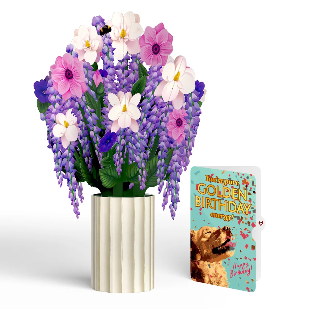 Lovepop Wisteria Birthday Bouquet and Golden Energy Sentiment Set Cream