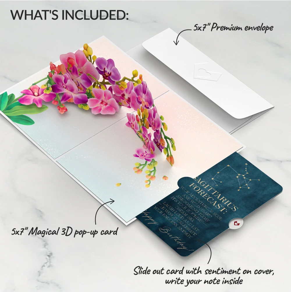Lovepop Watercolor Orchid Birthday Pop-Up Card and Sagittarius Zodiac Sentiment Set - Image 2