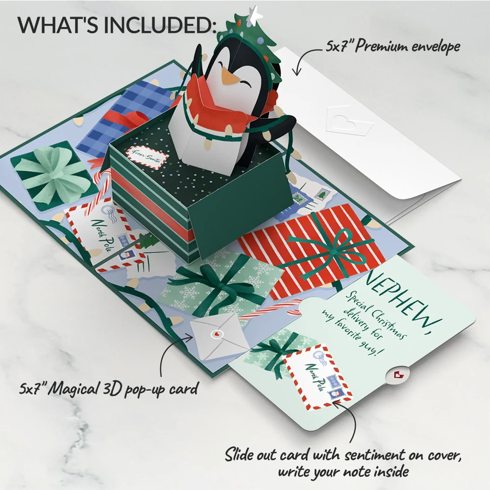 Lovepop Season's Greetings Penguin Surprise Pop-Up Card and Sentiment Set for Nephew - Image 2