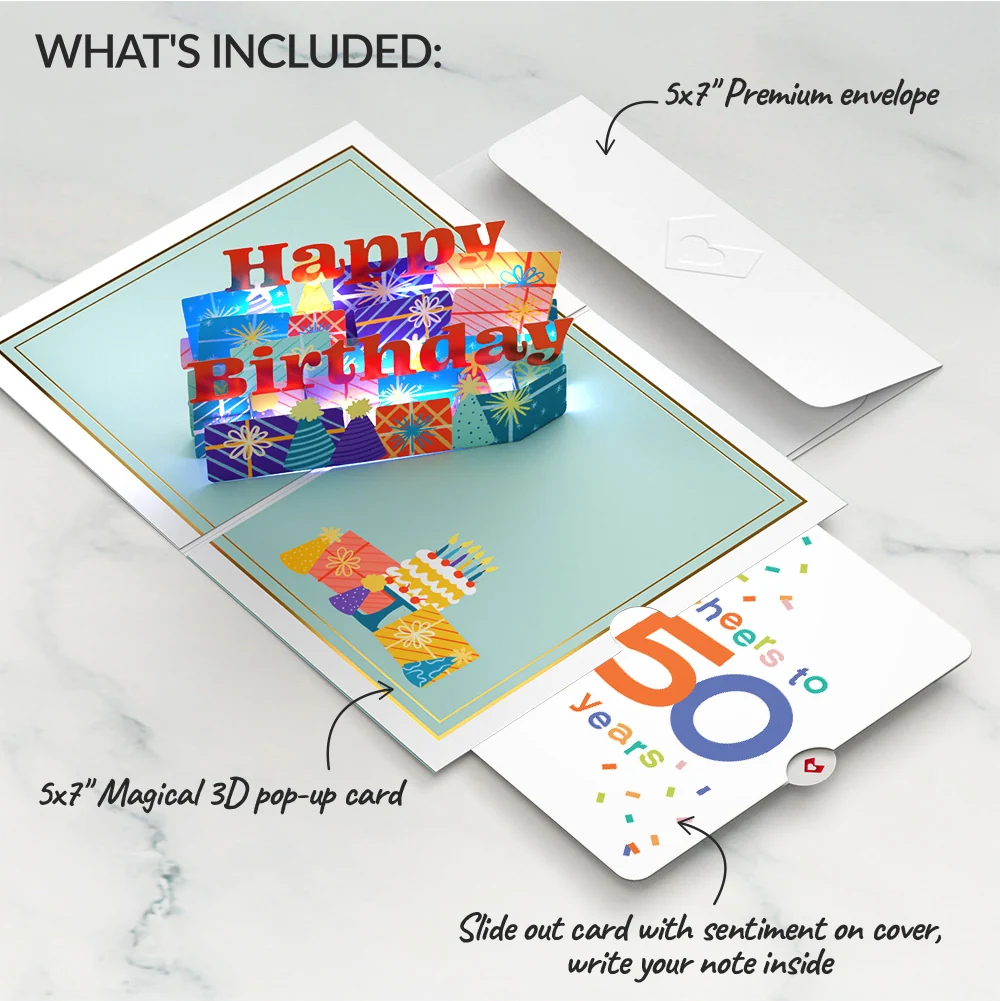 Lovepop Wishing You a Happy 50th Birthday Music and Lights Pop-Up Card and Confetti Cake Sentiment Set Candle - Image 2
