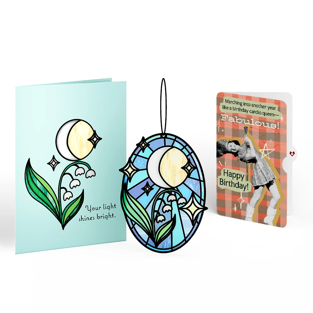 Lovepop Shine Bright Twilight Bloom Birthday Suncatcher Card and Cardio Queen Sentiment Set Glass
