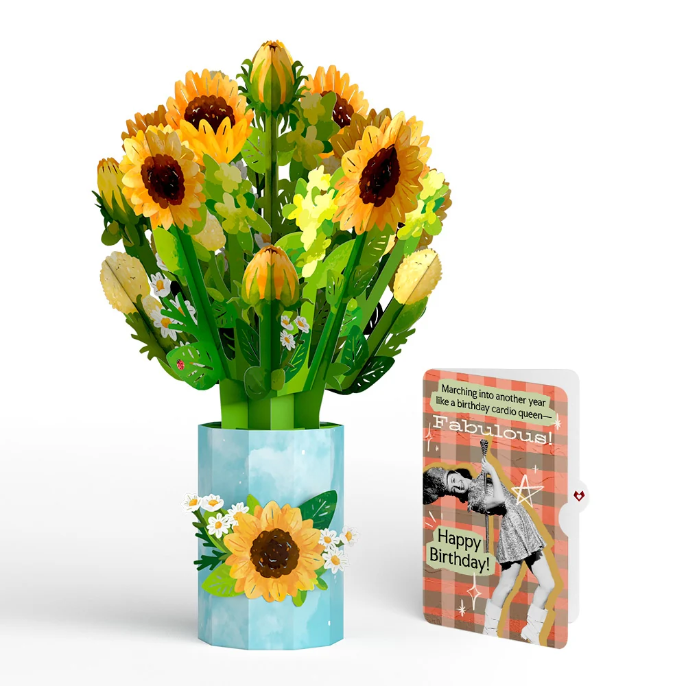 Lovepop Sunflower Blooms Birthday Bouquet and Cardio Queen Sentiment Set Vase