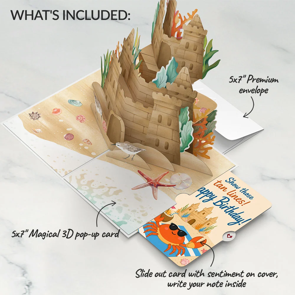 Lovepop Seaside Sandcastle Birthday Pop-Up Card and Sunbathing Crab Sentiment Set - Image 2