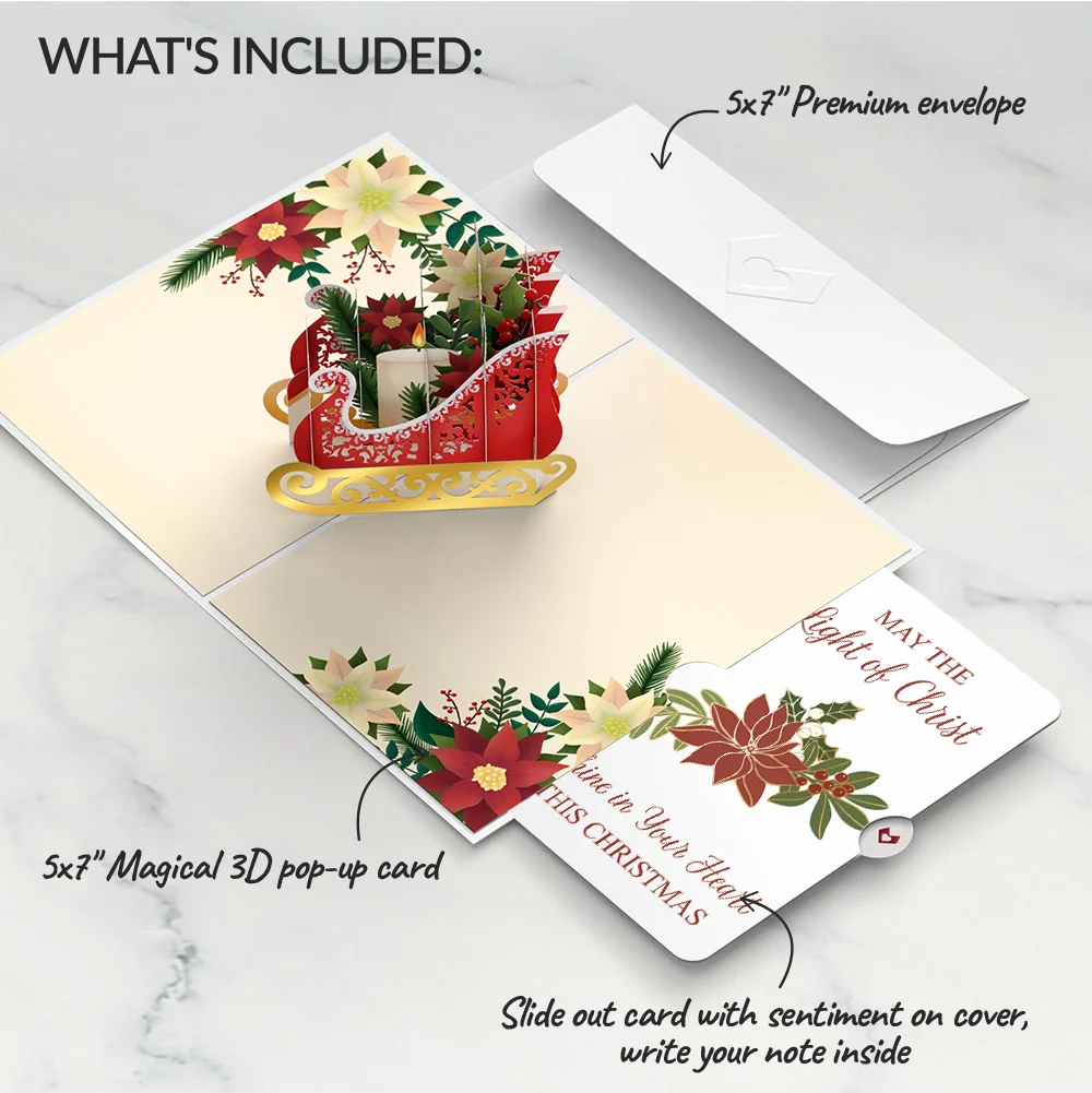 Lovepop Holiday Poinsettia Sleigh Pop-Up Card and Light of Christ Sentiment Set Candle - Image 2