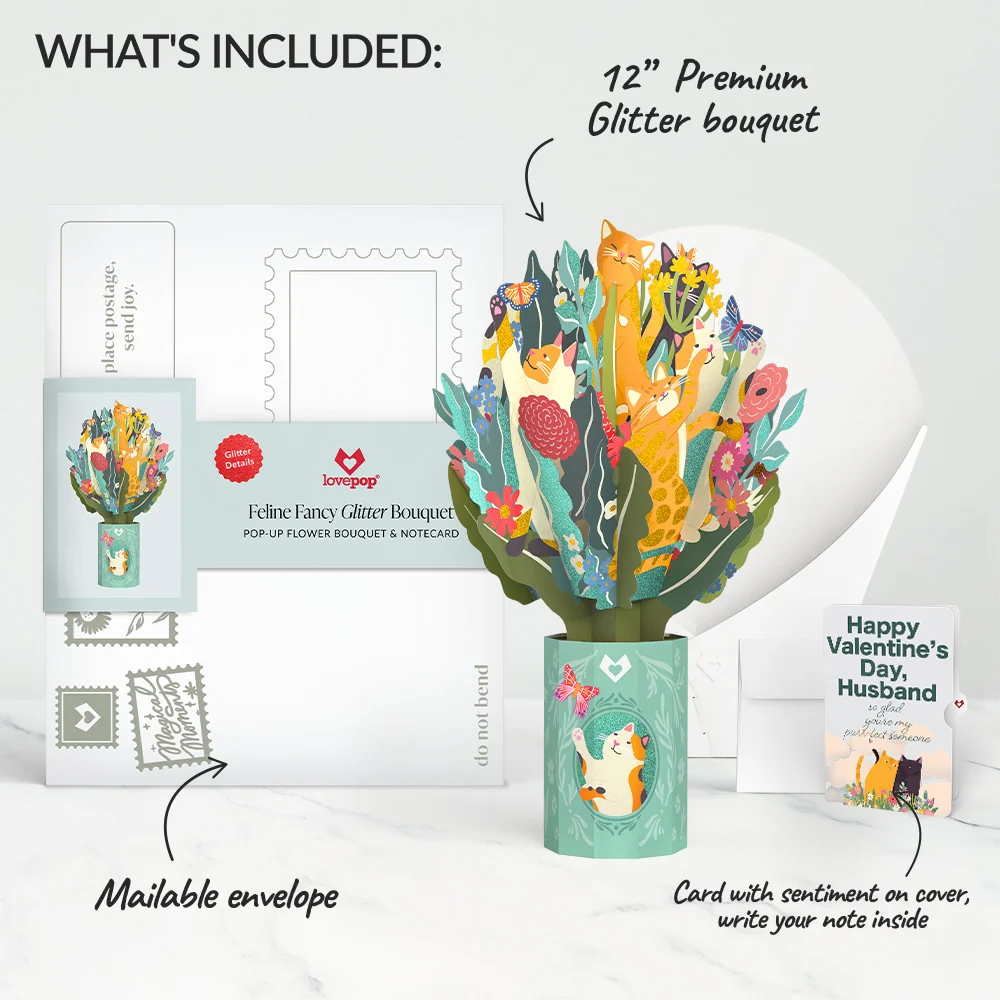 Lovepop Feline Fancy Valentine Glitter Bouquet and Sentiment Set for Husband Vase - Image 2