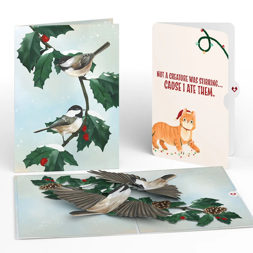 Lovepop Winter Chickadees Pop-Up Card and Hungry Cat Christmas Sentiment Set