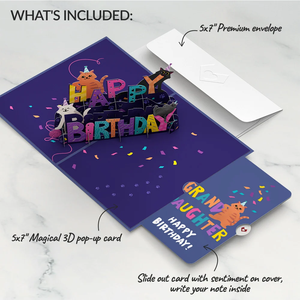 Lovepop Happy Birthday Cats Pop-Up Card and Sentiment Set for Granddaughter - Image 2