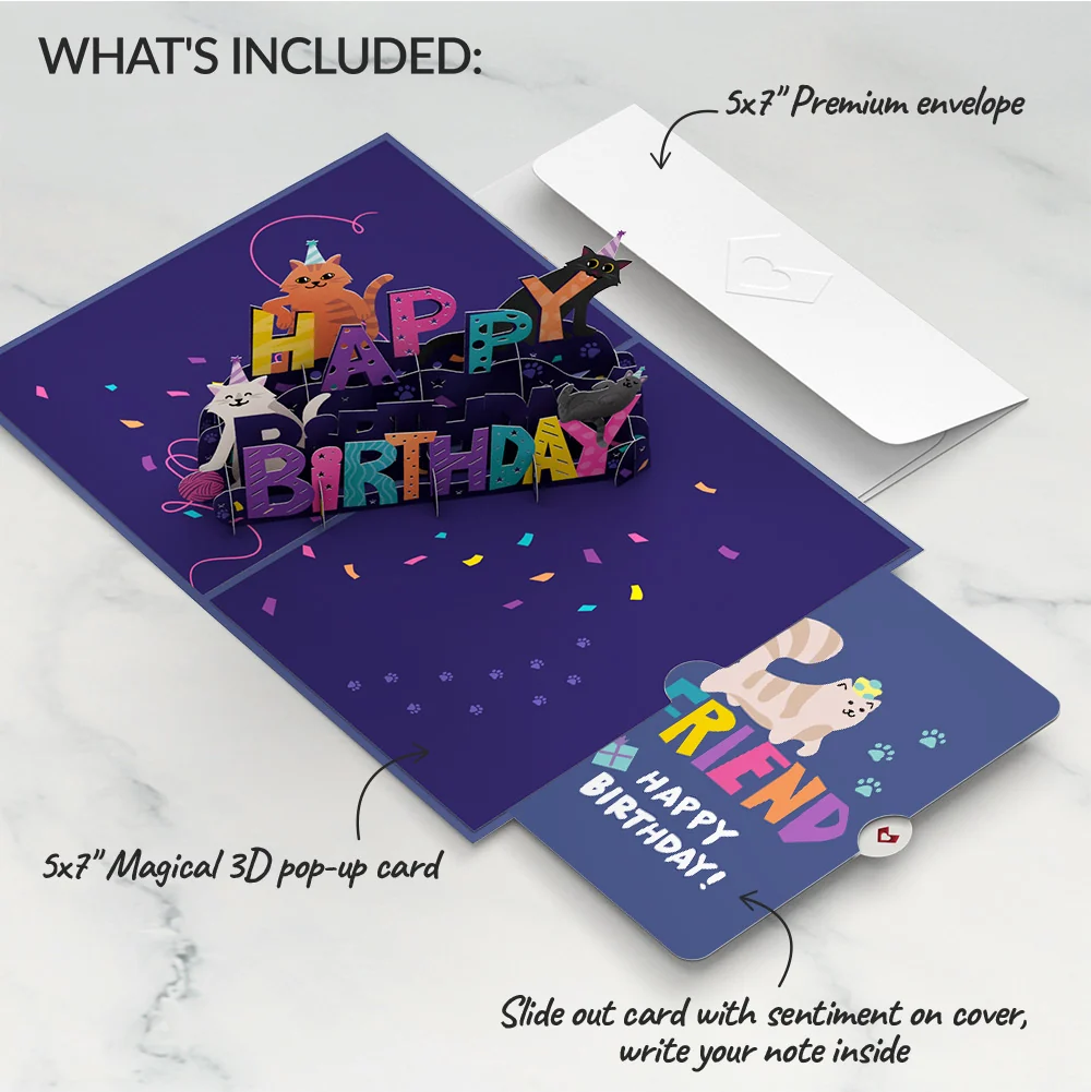 Lovepop Happy Birthday Cats Pop-Up Card and Sentiment Set for Friend - Image 2