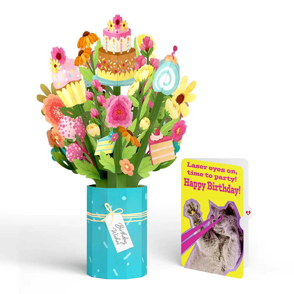 Lovepop Sweet Birthday Wishes Bouquet and Cat Laser Eyes Sentiment Set Vase