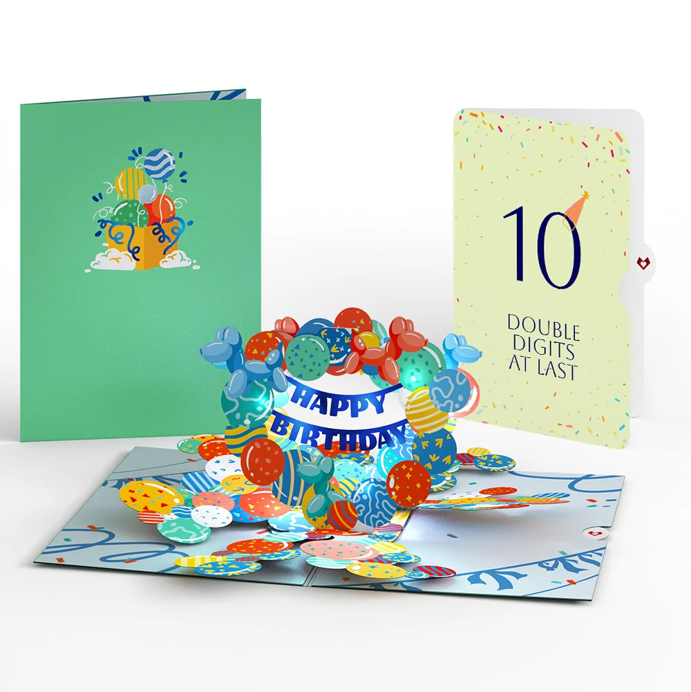 Lovepop Happy 10th Birthday Balloons Music and Lights Pop-Up Card and Party Hat Sentiment Set