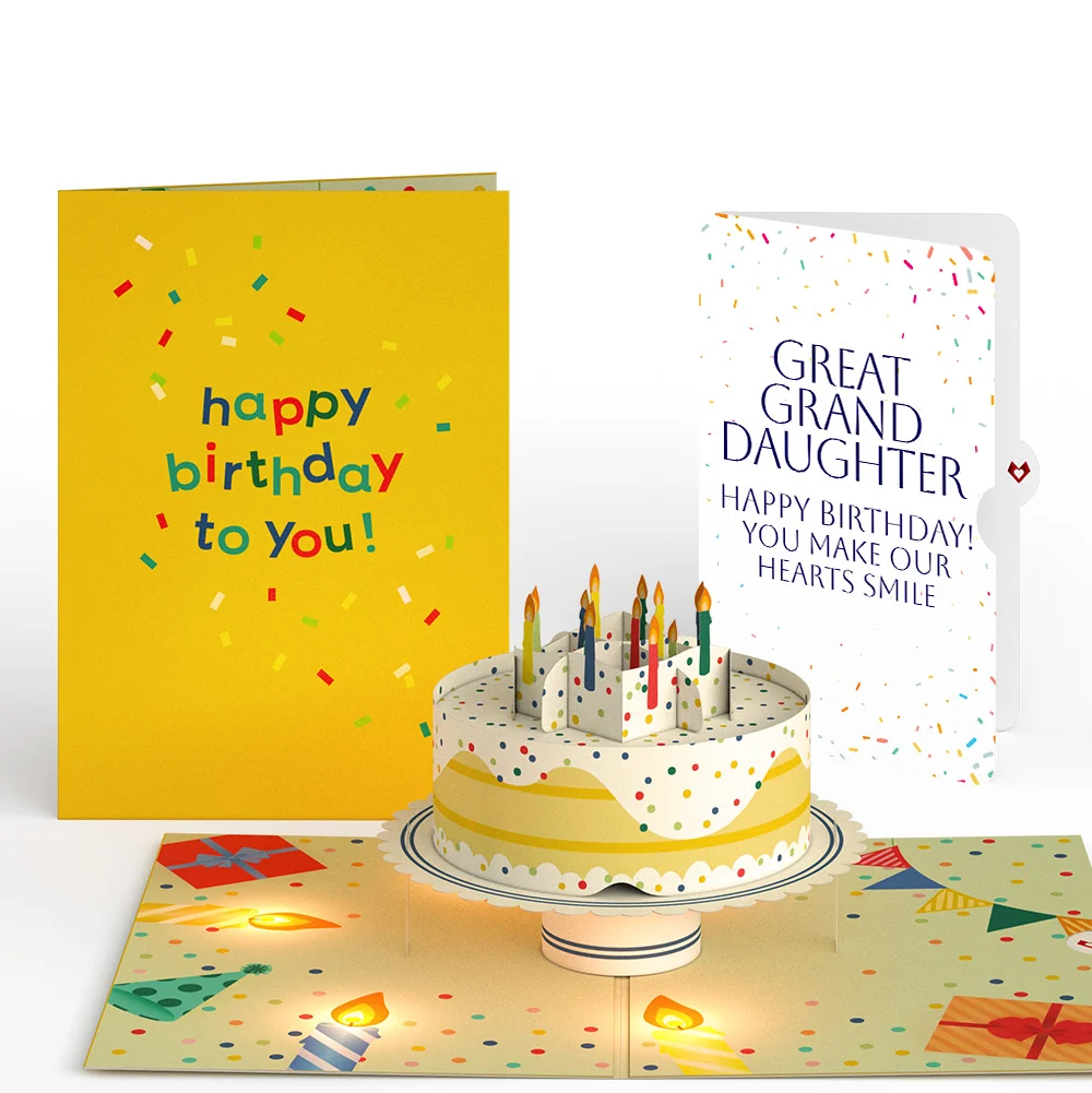 Lovepop Happy Birthday Confetti Cake Music and Lights Pop-Up Card and Sentiment Set for Great Granddaughter Candle