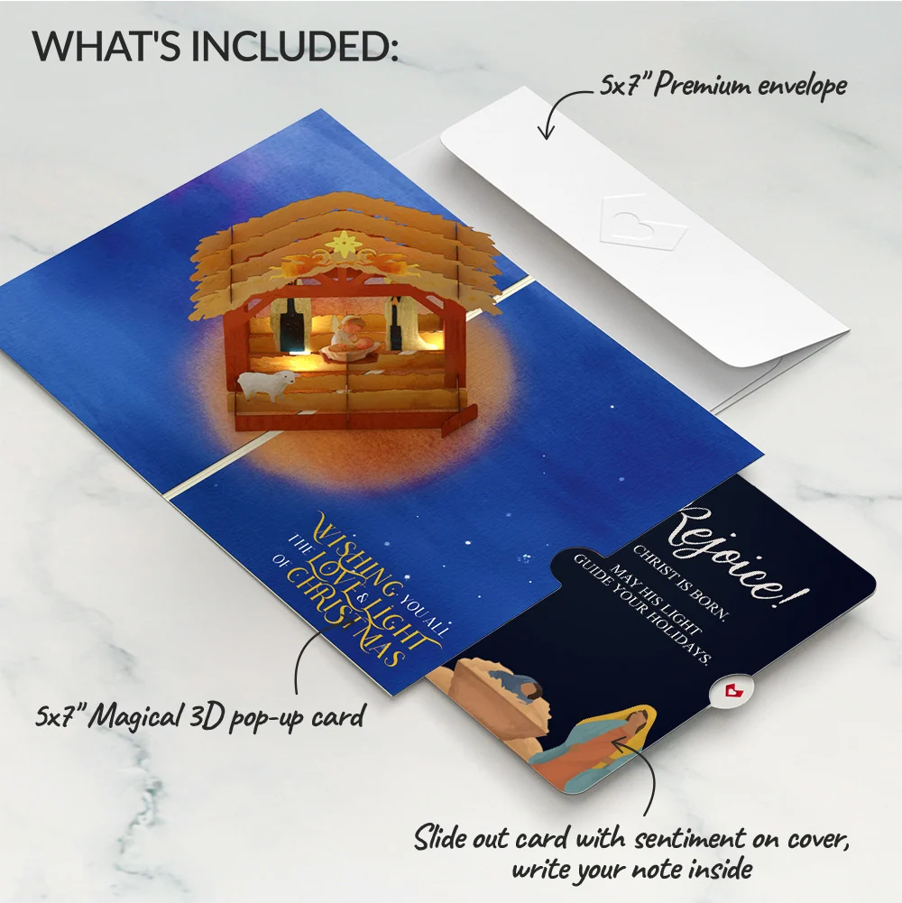 Lovepop A Child is Born Nativity Christmas Light-Up Pop-Up Card and Rejoice Sentiment Set Straw - Image 2