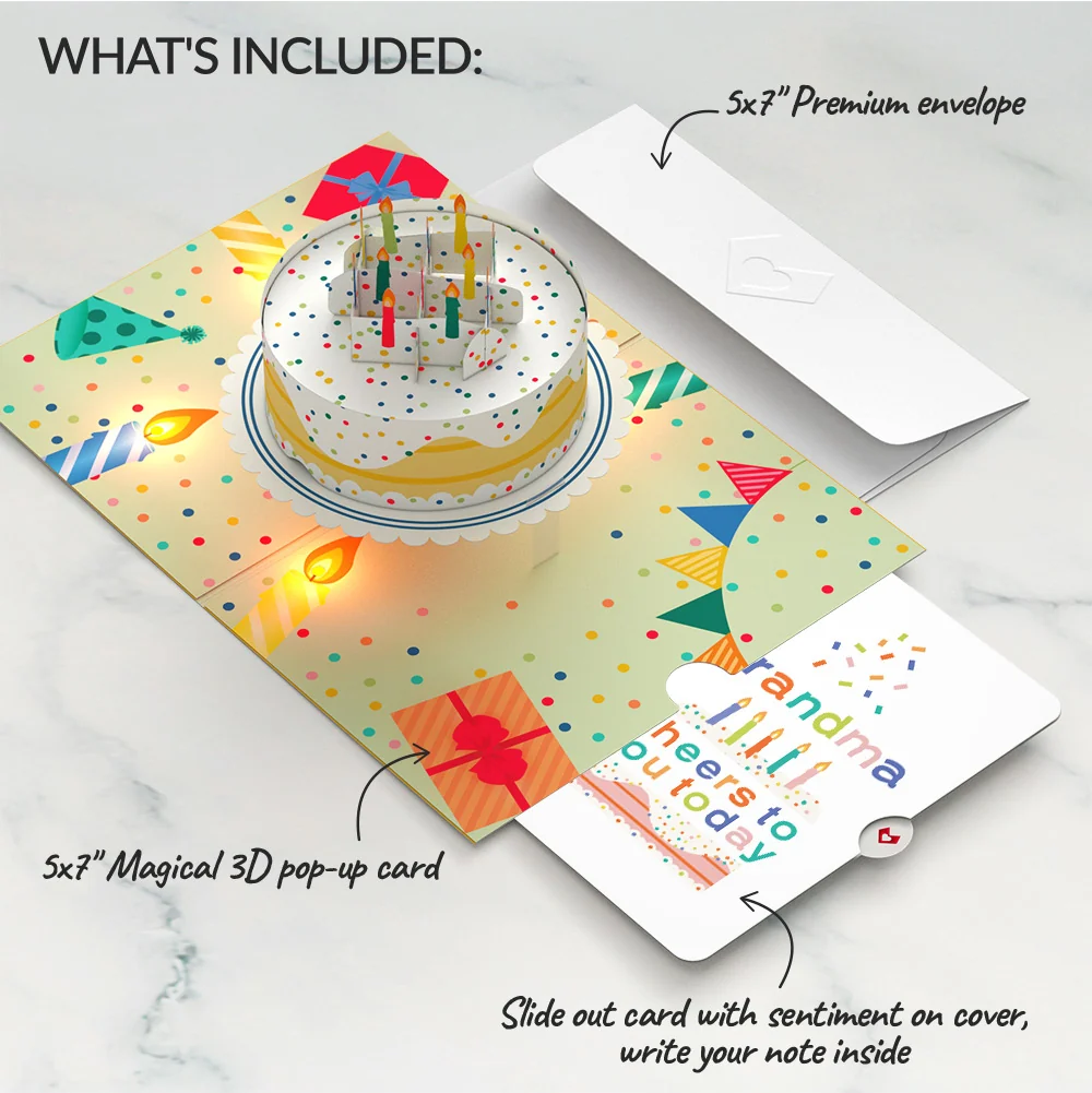Lovepop Happy Birthday Confetti Cake Music and Lights Pop-Up Card and Sentiment Set for Grandma Candle - Image 2