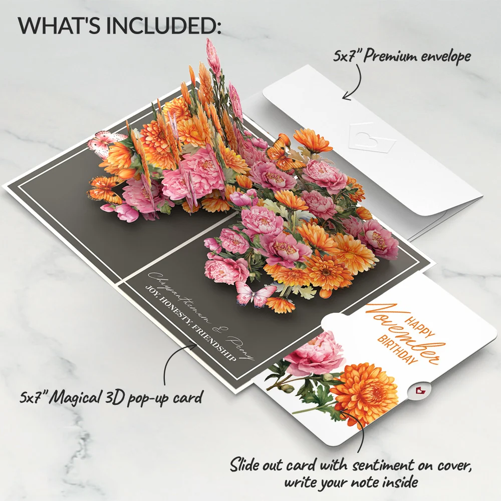 Lovepop Born to Bloom: November Birth Month Flowers Pop-Up Card and Chrysanthemum & Peony Sentiment Set Cream - Image 2