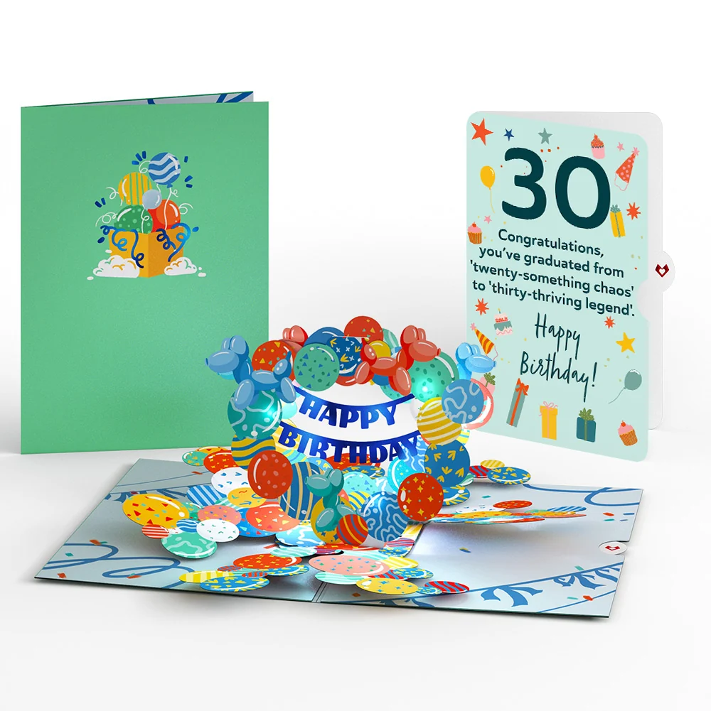 Lovepop Happy 30th Birthday Balloons Music and Lights Pop-Up Card and Sentiment Set