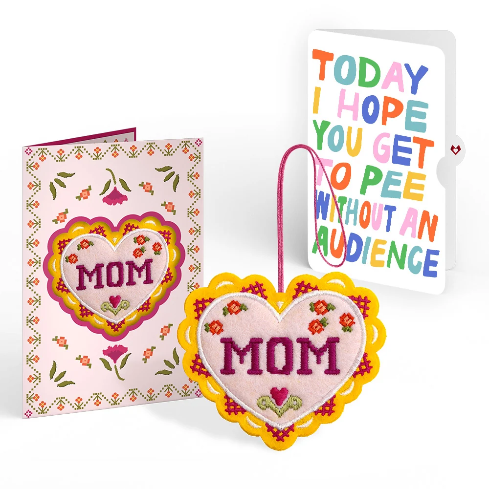 Lovepop Stitched with Love Mom HeartFelt Charm Card and Parenthood Humor Sentiment Set