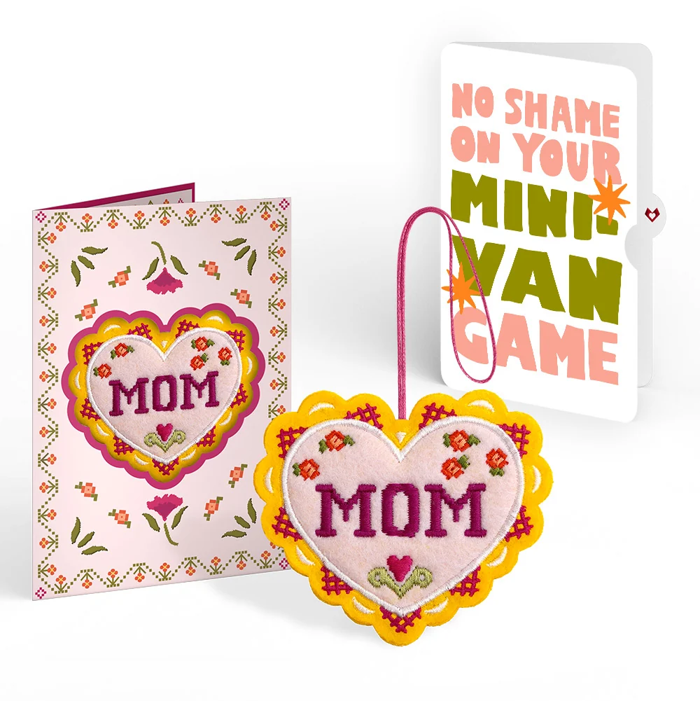 Lovepop Stitched with Love Mom HeartFelt Charm Card and Minivan Chaos Humor Sentiment Set
