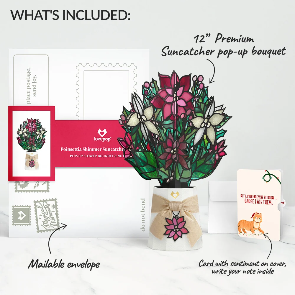 Lovepop Poinsettia Shimmer Christmas Suncatcher Bouquet and Hungry Cat Sentiment Set Glass - Image 2
