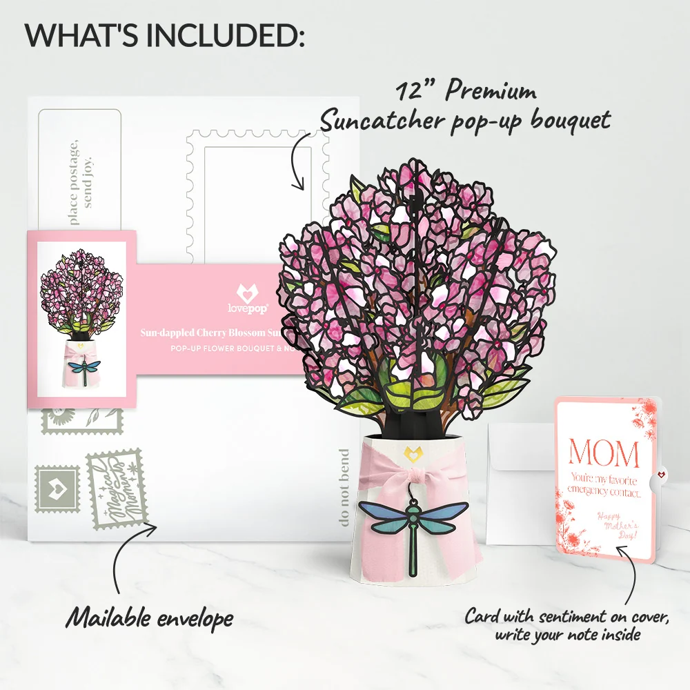 Lovepop Sun-dappled Cherry Blossom Mother’s Day Suncatcher Bouquet and Delicate Line Floral Sentiment Set for Mom Glass - Image 2