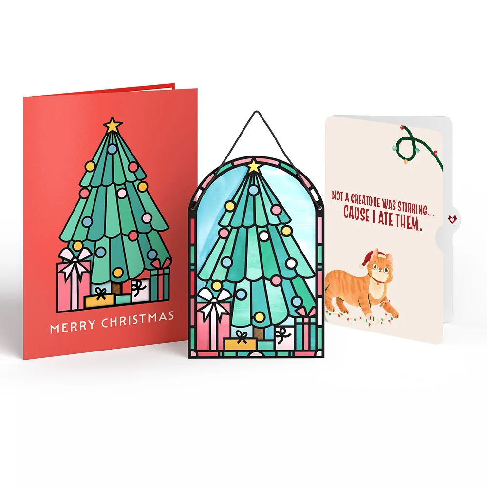 Lovepop Merry Christmas Tree Suncatcher Card and Hungry Cat Sentiment Set Glass