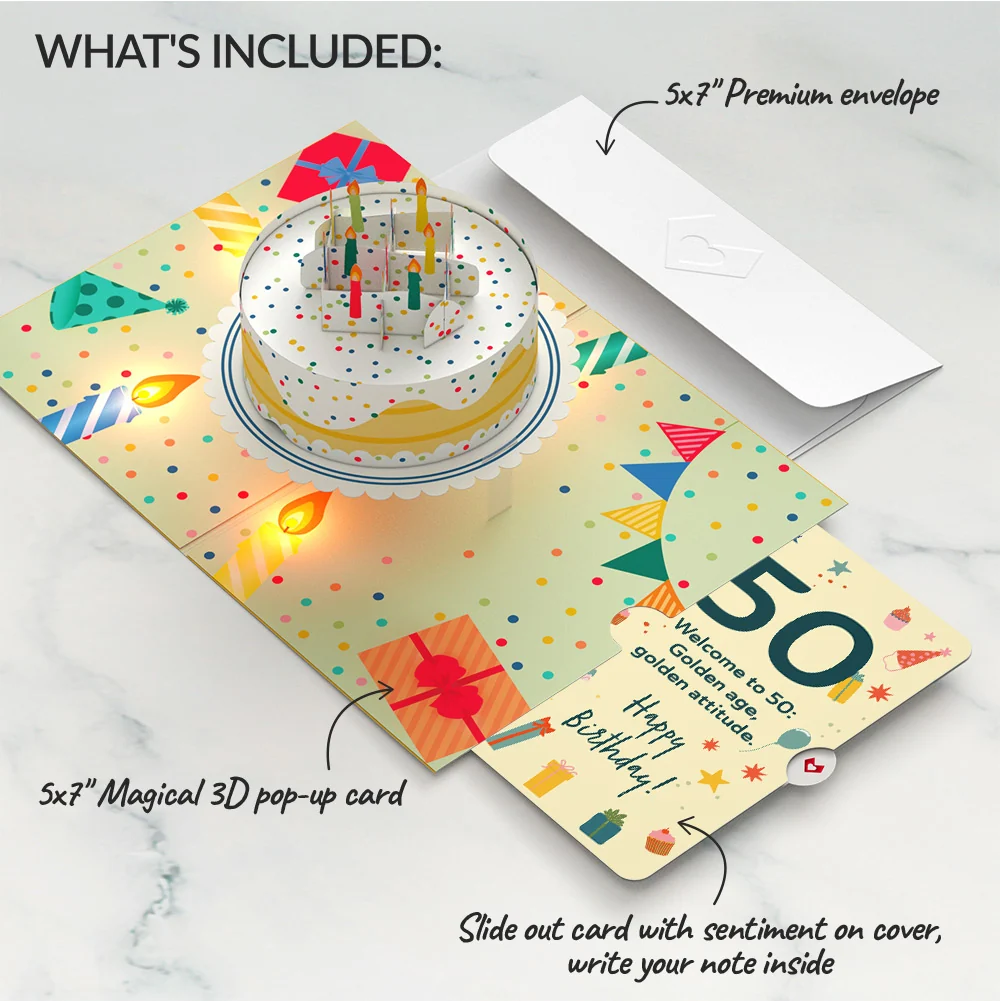 Lovepop Happy 50th Birthday Confetti Cake Music and Lights Pop-Up Card and Sentiment Set Candle - Image 2