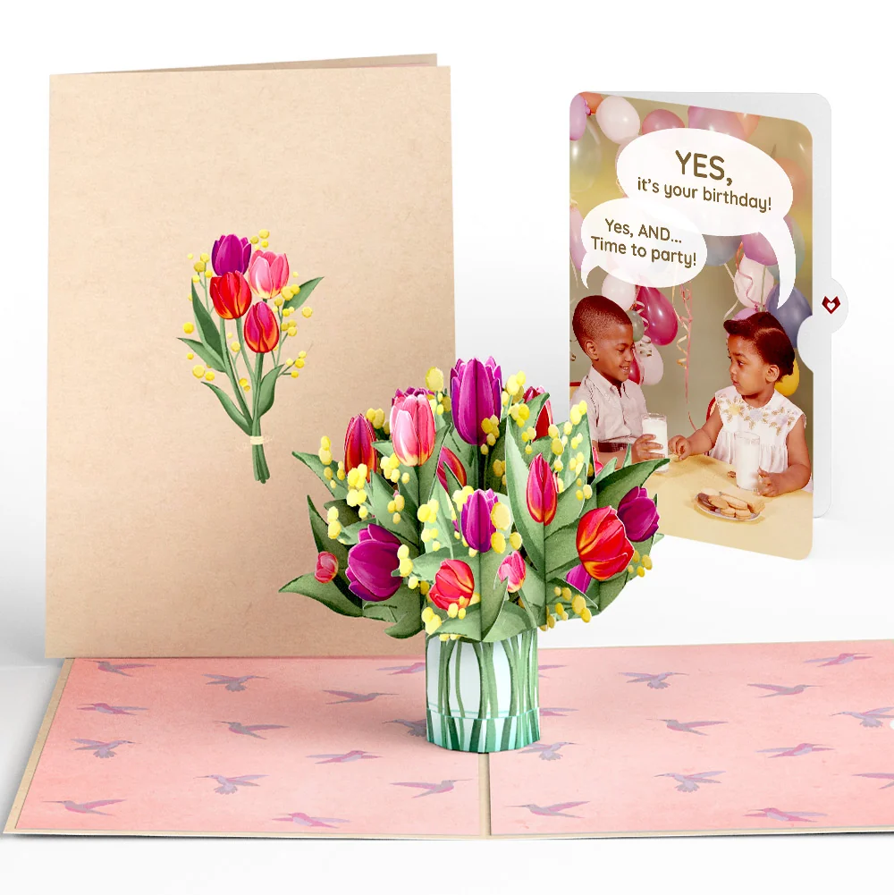 Lovepop Cheerful Tulips Birthday Pop-Up Card and Time to Party Sentiment Set Vase