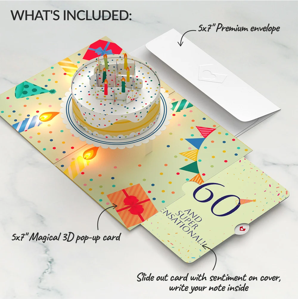 Lovepop Happy 60th Birthday Confetti Cake Music and Lights Pop-Up Card and Party Hat Sentiment Set Candle - Image 2