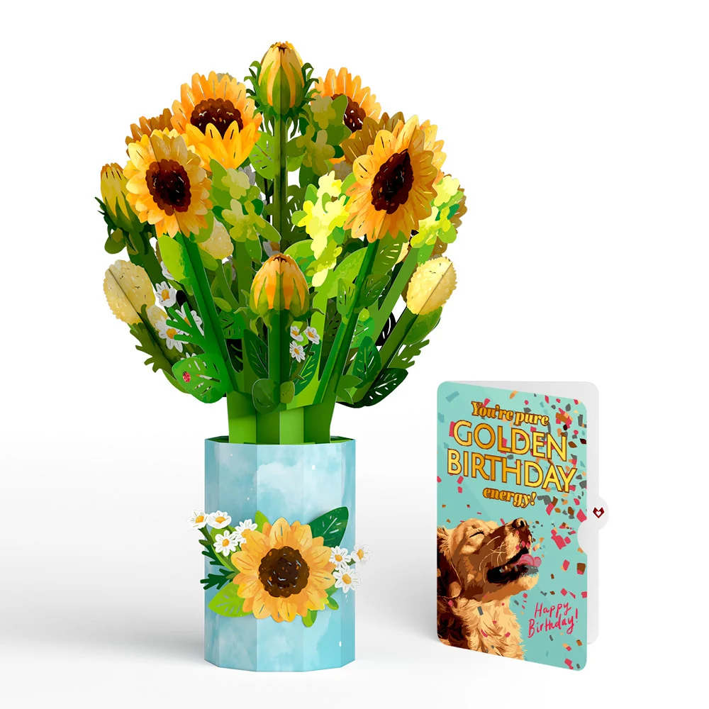 Lovepop Sunflower Blooms Birthday Bouquet and Golden Energy Sentiment Set Vase