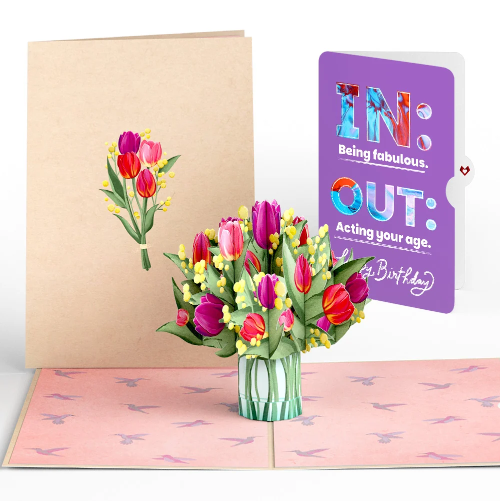 Lovepop Cheerful Tulips Birthday Pop-Up Card and IN & OUT Sentiment Set Glass
